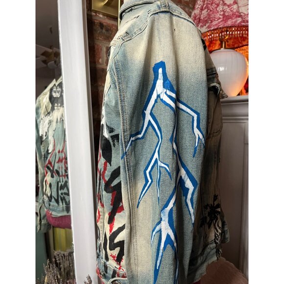 Unisex "Embellish" Custom Painted Distressed Denim Jacket With Painted Graphics - Picture 6 of 16